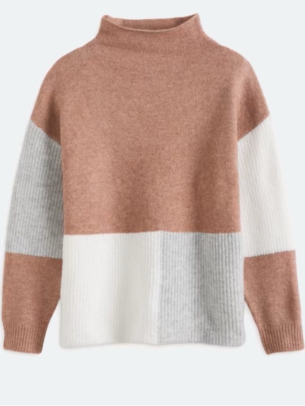 Colorblock Funnel Neck Sweater in Tan, White & Light Gray